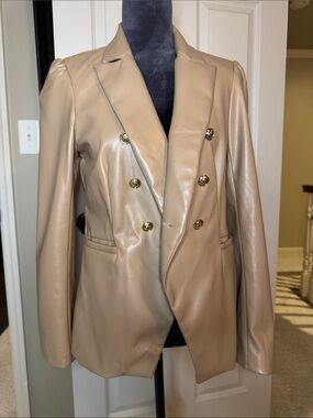 Rachel Zoe Beige Double-Breasted Faux Leather Blazer with Gold Buttons